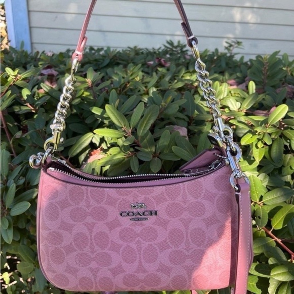 COACH Pink Signature Small Shoulder Bag with Mixed-Metal Chain - Picture 5 of 6